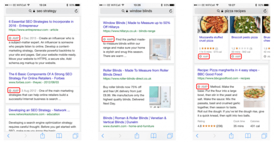 Accelerated AMP Page SERP Ranking Examples